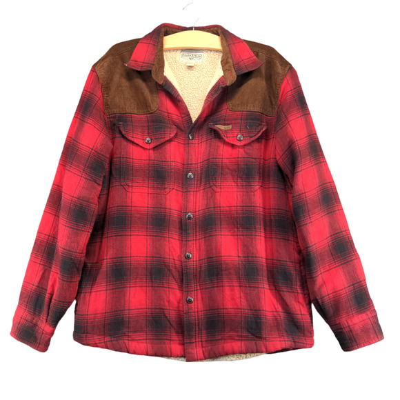 Field & Stream Men's Shacket Jacket Red Medium Sherpa Lined Cotton Buffalo Plaid - Picture 1 of 11